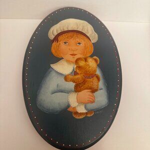 Jan Wright Wooden Trinket Box 10.5" Oval Shaped Child Teddy Bear Handpainted